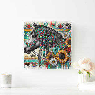Boho Horse Solros Fyrkantig Klocka