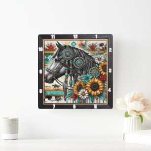 Boho Horse Solros Fyrkantig Klocka