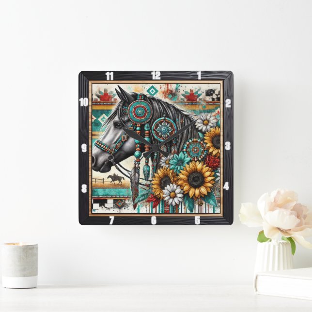 Boho Horse Solros Fyrkantig Klocka (Hem)