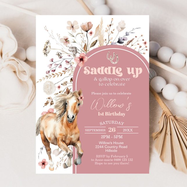 Boho Horse Wildbloms inbjudan till häst på födelse (Wildflower Horse Birthday Invitation)