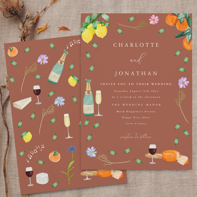 Boho Höst Blommig Citrus Terrakotta Beige Bröllop Inbjudningar (Boho fall rustic citrus terracotta beige wedding invitation Wine and cheese lemons oranges music )