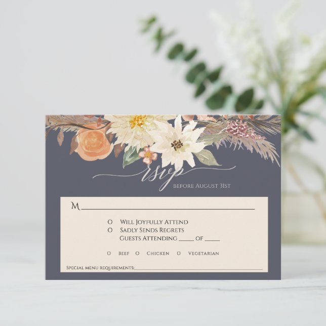 BOHO Höst Blommig Marinblå Pampasgräs Bröllop OSA Kort (Stående Fram)