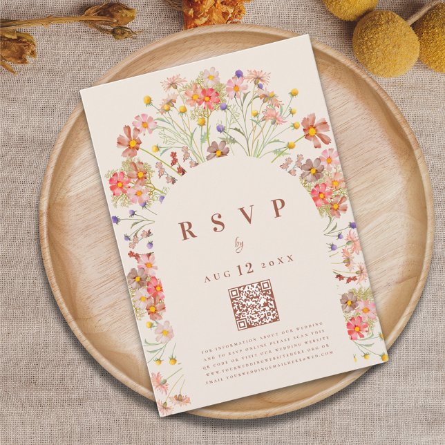 Boho höst blomster terrakotta bröllopsmeny alterna OSA kort (Boho fall rustic wildflower elegant floral arch terracotta beige wedding rsvp card with qr code)