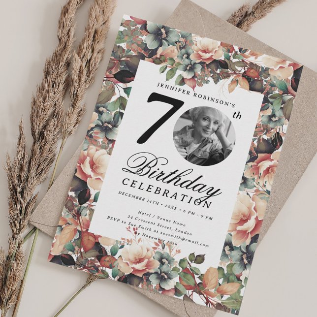 Boho höst blomsterträdgård Foto 70-årsdag  Inbjudningar (Boho Fall Floral Garden Photo 70th Birthday Invitation)