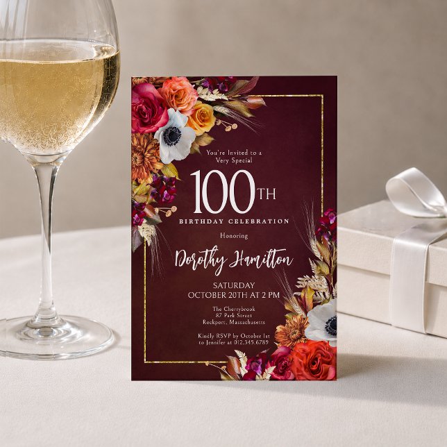 Boho höst burgunder Blommig Skrift 100-årsfirande Inbjudningar (Skapare uppladdad)