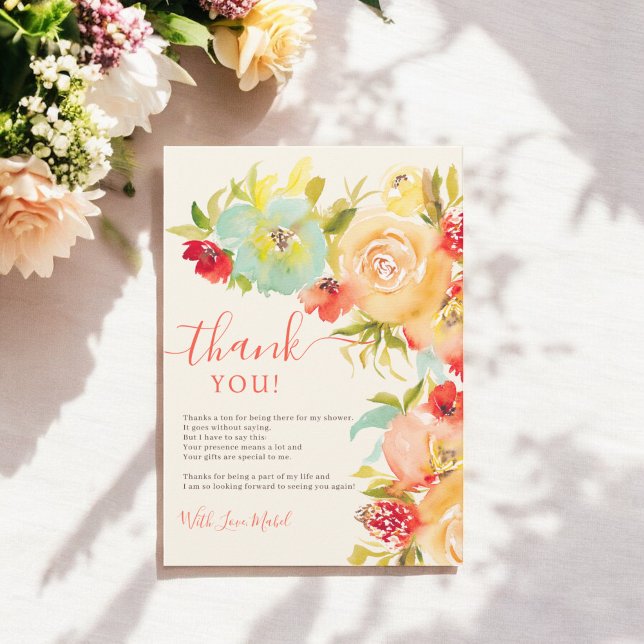 Boho höst elegant blomster vattenfärg bröllopsdusc tack kort (Boho Fall elegant floral watercolor bridal shower Thank You Card)