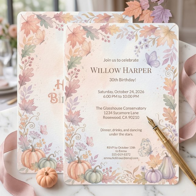 Boho höst födelsedagsinbjudan inbjudningar (Custom watercolor detailed pumpkin and leaf invitations for your special day.)