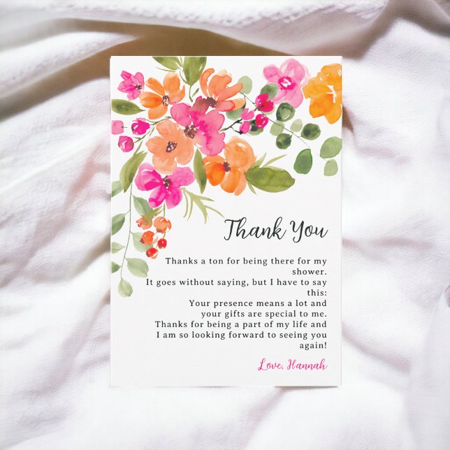 Boho höst orange blommande vattenfärg bröllopsdusc tack kort (Boho fall orange floral watercolor bridal shower thank you card)