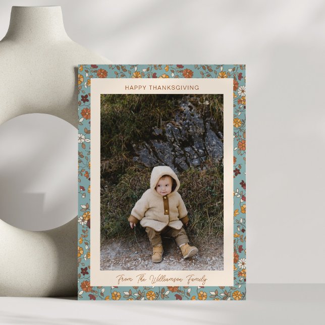 Boho höst rustik blå blommig foto tacksgiving julkort (Skapare uppladdad)