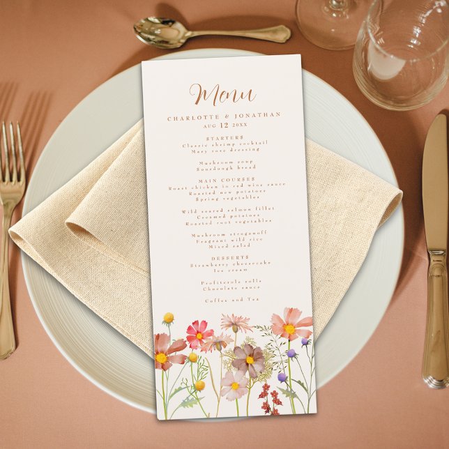 Boho höst rustik blombröllop meny (Boho floral rustic fall wedding menu burnt orange script watercolor wildflowers beige cream ivory)