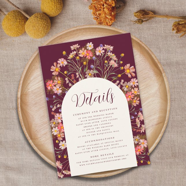 Boho höst rustik blomsterbåge bröllopsdetaljer tilläggskort (Burgundy boho fall rustic floral arch wedding details enclosure card Romantic elegant script )