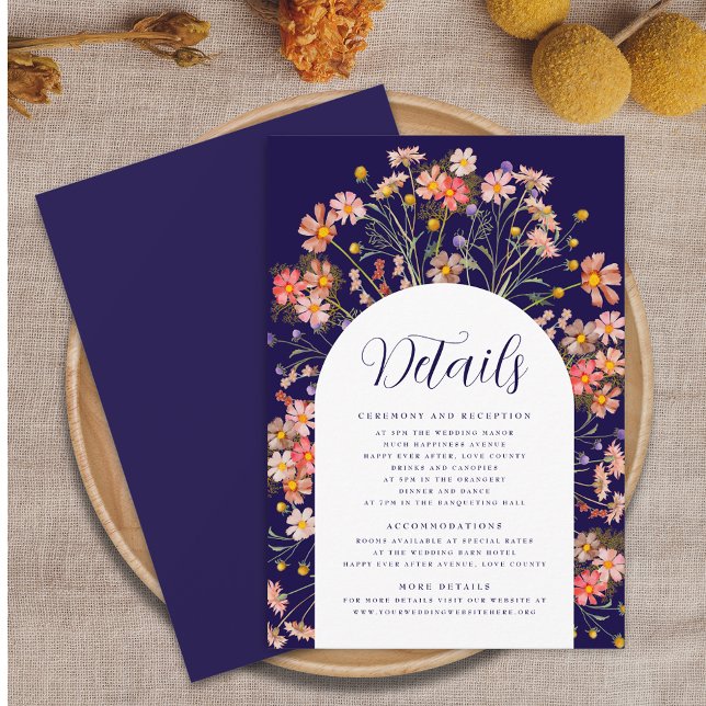 Boho höst rustika blommor marinblå bröllopsdetalje tilläggskort (Boho rustic floral arch navy blue and white wedding details enclosure card Autumn watercolors)