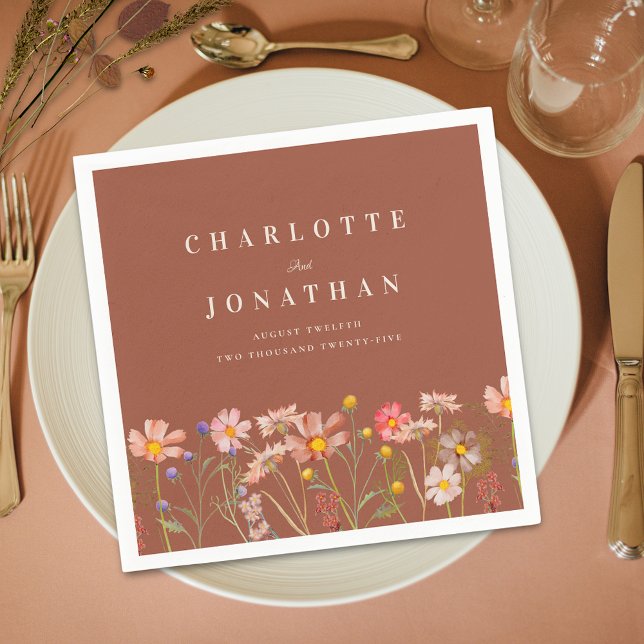 Boho höst rustika vilda blommor blommande bröllop pappersservett (Boho fall rustic wildflower meadow burnt orange floral wedding custom napkin elegant modern)