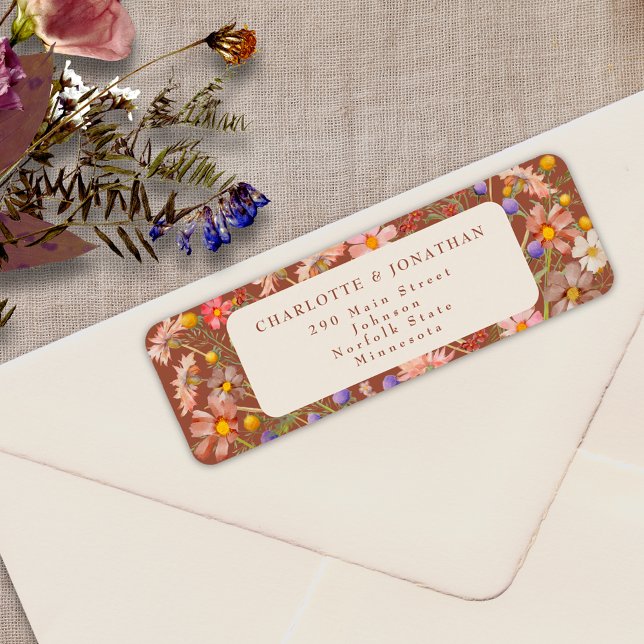 Boho höst rustika vilda blommor blommande bröllop returadress etikett (Boho fall rustic wildflower floral burnt Orange terracotta beige wedding return address label )