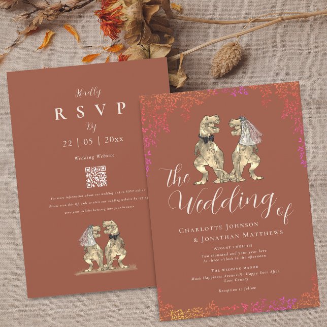 Boho höst Terracotta Dinosaur Bröllop QR-kod Inbjudningar (Boho fall terracotta burnt orange dinosaur theme wedding QR code invitation)