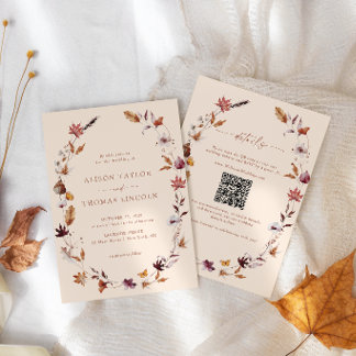 Boho höst terrakotta blad krans QR-kod bröllop Inbjudningar