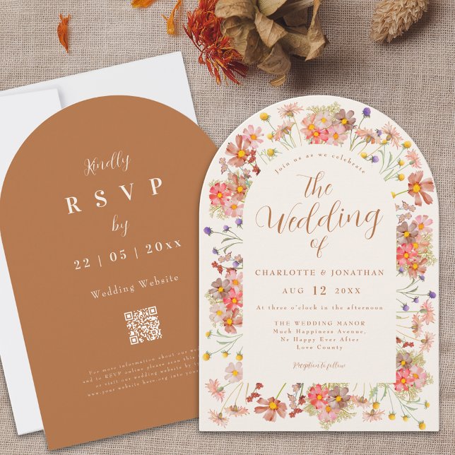 Boho Höst Vilda Blommor Båge Terrakotta Bröllop Inbjudningar (Boho fall wildflower arch terracotta burnt orange elegant wedding invitation )