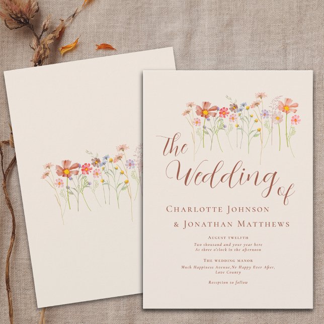 Boho höst vilda blommor blommig beige terrakotta inbjudningar (wildflower wedding watercolor florals boho rustic fall flowers wedding elegant modern script autumn )