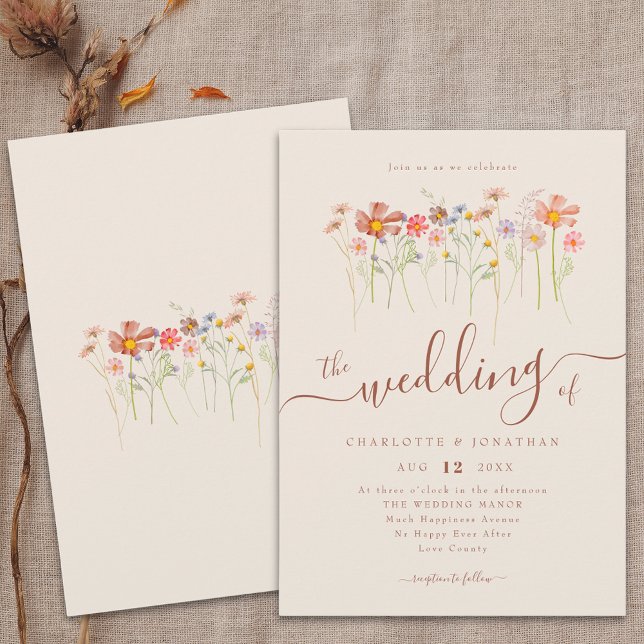 Boho höst vilda blommor blommig beige terrakotta inbjudningar (Boho fall Wildflower floral beige & terracotta Wedding qr code invitation Watercolor meadow flowers)