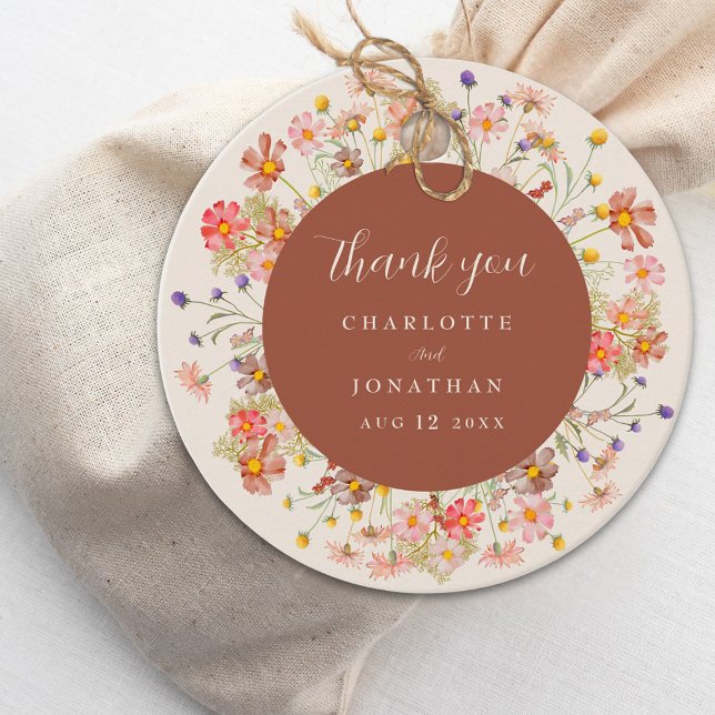 Boho Höst Vilda Blommor Blommig Bröllop Tack Gåvor Etiketter (Boho Wildflower fall floral beige & terracotta custom Wedding thank you favor tag Elegant script)