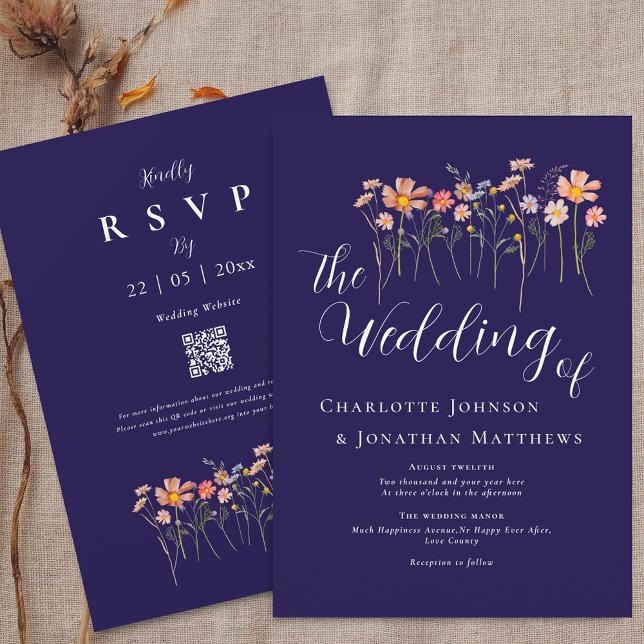 Boho Höst Vilda Blommor Blommig Marinblå QR-kod Inbjudningar (Boho fall Wildflower meadow navy blue terracotta white Wedding qr code invitation watercolor florals)
