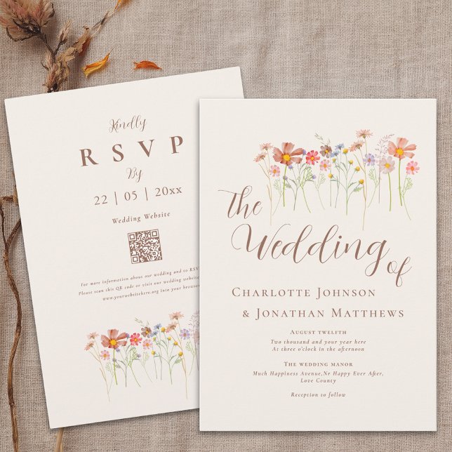 Boho Höst Vilda Blommor Blommig QR-kod Inbjudningar (Boho fall wildflower floral wedding qr code invitation Watercolor garden meadow flowers elegant )