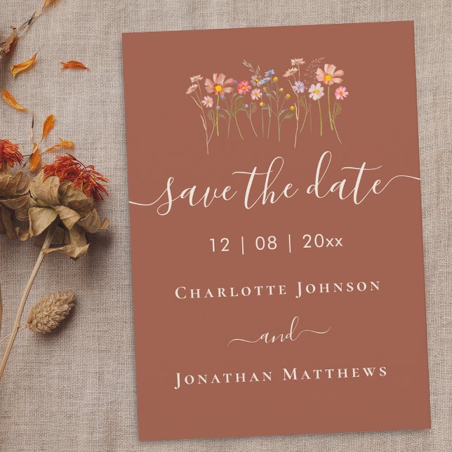 Boho Höst Vilda Blommor Blommig Terrakotta Bröllop Spara Datumet (Wildflower meadow elegant boho fall terracotta rust wedding save the date card)