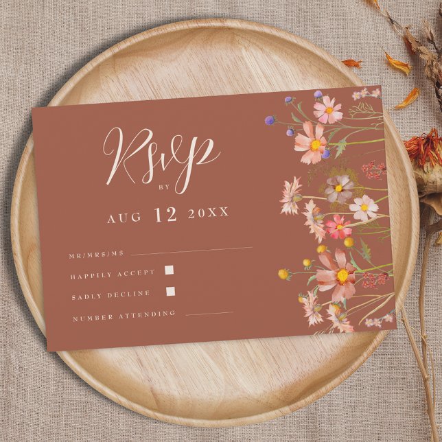Boho höst vilda blommor blomster terrakotta bröllo OSA kort (Wildflower boho fall floral terracotta rust Wedding RSVP elegant modern script)