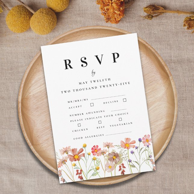 Boho höst vilda blommor blomsterbröllop måltidsalt OSA kort (Boho rustic Wildflower floral Wedding RSVP card includes Meal choices food allergies)