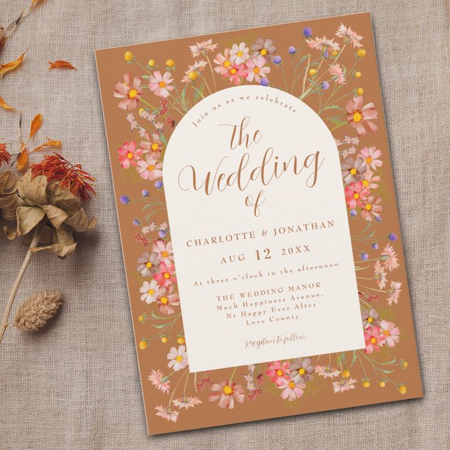 Boho höst vilda blommor bränd orange bröllop inbjudningar (Boho Wildflower arch fall burnt Orange terracotta wedding invitation with watercolor dried flowers)