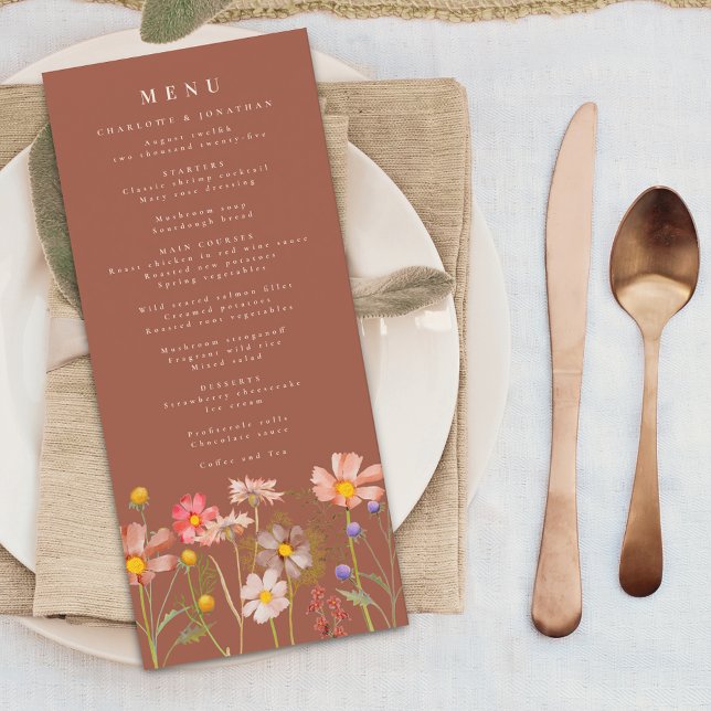 Boho Höst Vilda Blommor Brända Orange Bröllop Meny (Boho fall wildflower floral beige and burnt orange wedding menu card Watercolor meadow flowers)