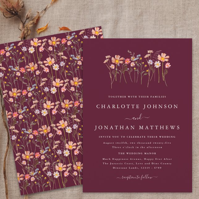 Boho höst vilda blommor burgunder & terrakotta brö inbjudningar (Boho fall wildflower burgundy terracotta wedding invitation watercolor floral modern elegant script )