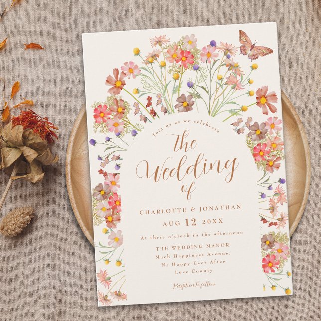 Boho Höst Vilda Blommor Fjäril Blommig Bröllop Inbjudningar (Boho fall Wildflower butterfly floral Wedding invitation Terracotta ivory cream beige burnt orange)