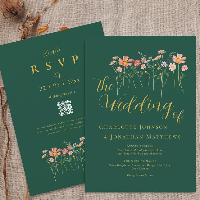 Boho Höst Vilda Blommor Grönt Guld QR-kod Bröllop Inbjudningar (Boho fall rustic Wildflower meadow dark emerald green gold terracotta rust Wedding qr code invite)