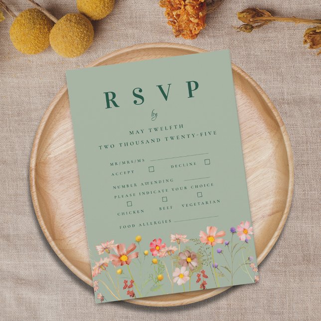 Boho Höst Vilda Blommor Måltidsalternativ Bröllop OSA Kort (Boho fall wildflower floral wedding RSVP card with meal options and allergy info)
