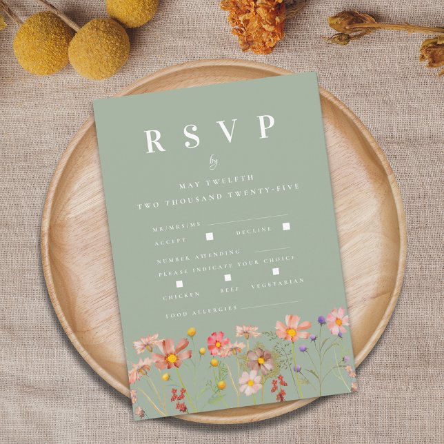 Boho Höst Vilda Blommor Måltidsalternativ Bröllop OSA Kort (Boho fall wildflower floral sage green wedding RSVP card with meal options and food allergies )