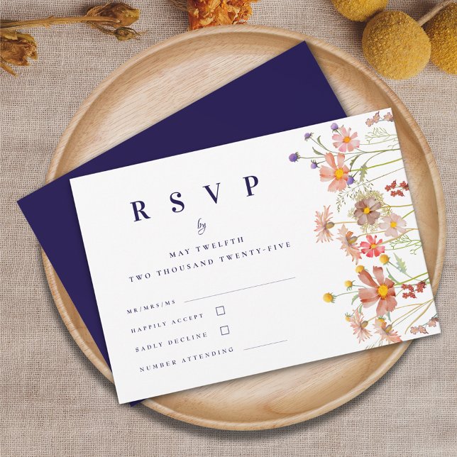 Boho höst vilda blommor marinblå bröllop OSA kort (Boho fall wildflower meadow navy blue and white wedding rsvp card autumn Watercolor florals)