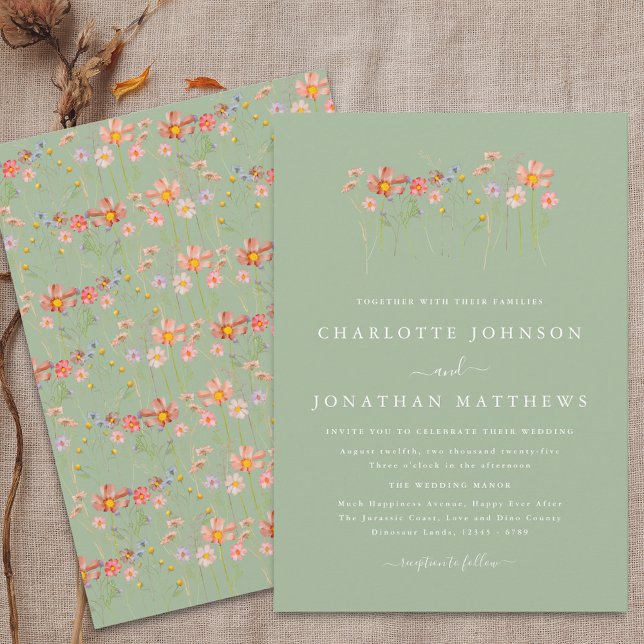 Boho höst vilda blommor salvia grön bröllop inbjudningar (Boho fall Wildflower meadow floral sage green Wedding Invitation Elegant modern script terracotta )