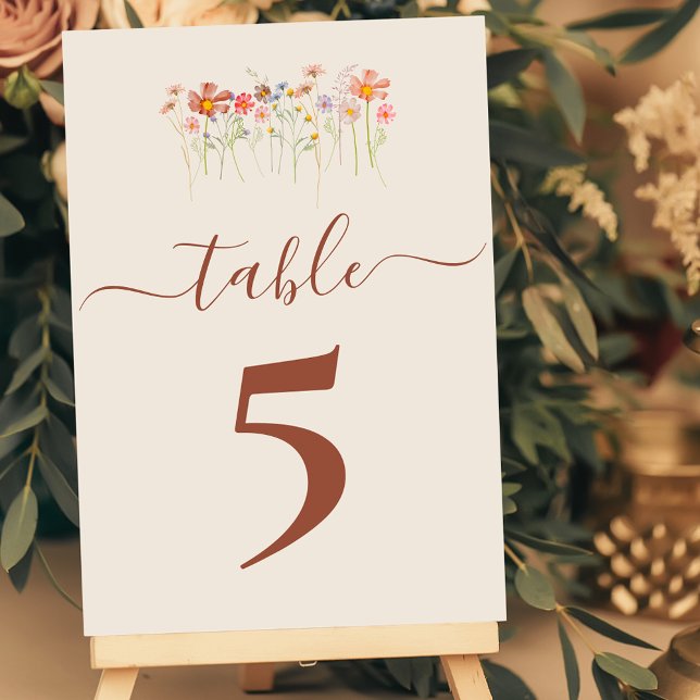 Boho Höst Vilda Blommor Tan Beige Terrakotta Bröll Bordsnummer (Boho Wildflower floral tan beige terracotta rust Wedding table number card Watercolor florals)