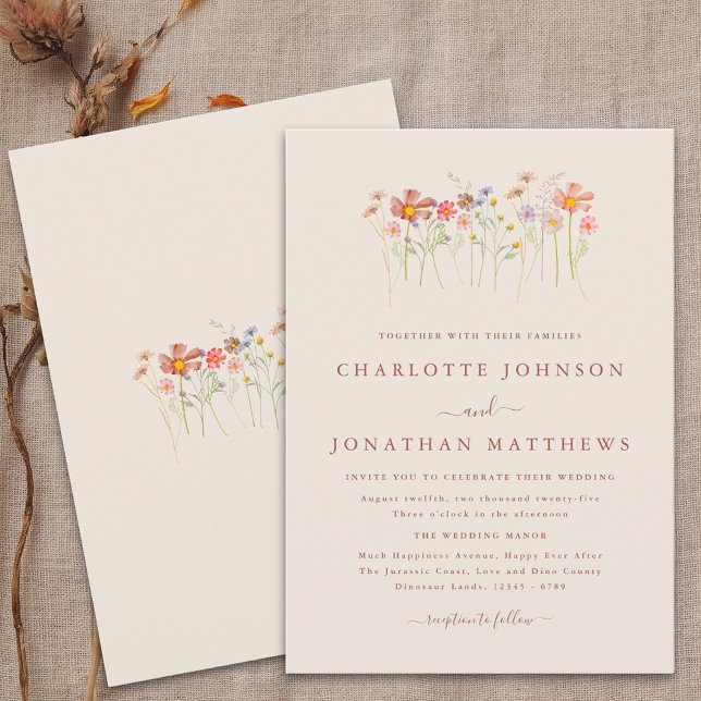 Boho Höst Vilda Blommor Terrakotta Beige Bröllop Inbjudningar (Boho fall Wildflower floral beige terracotta Wedding invitation Watercolor garden flowers elegant)