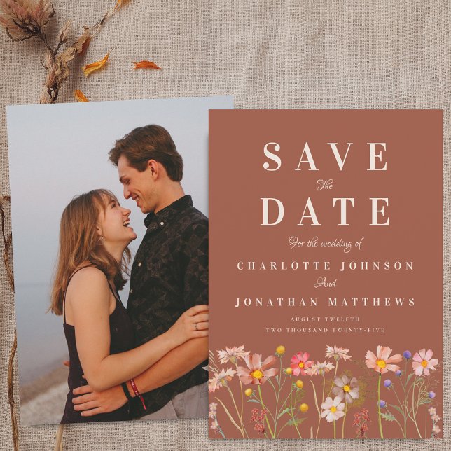Boho Höst Vilda Blommor Terrakotta Foto Bröllop Spara Datumet (Wildflower meadow boho fall floral photo terracotta Wedding save the date invitation Elegant modern)