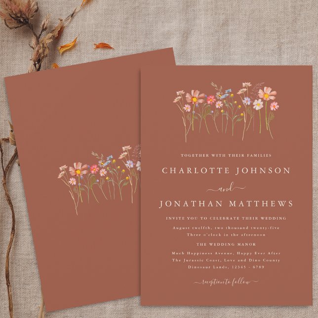 Boho Höst Vilda Blommor Terrakotta Orange Bröllop Inbjudningar (Boho fall Wildflower floral beige terracotta Wedding invitation Watercolor flowers autumn colors)