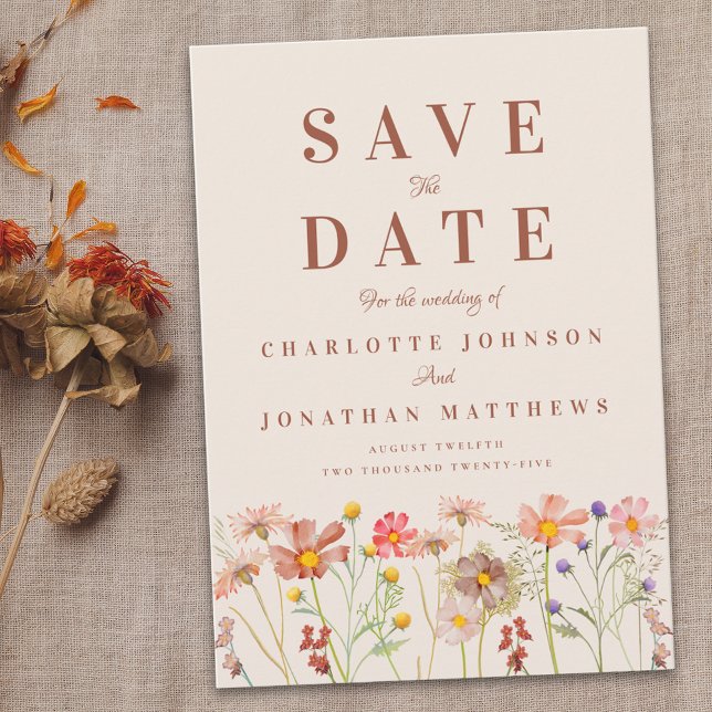 Boho höst vildblomma äng bröllop spara datumet (Elegant boho fall Wildflower meadow floral Wedding save the date Terracotta beige tan orange rust )