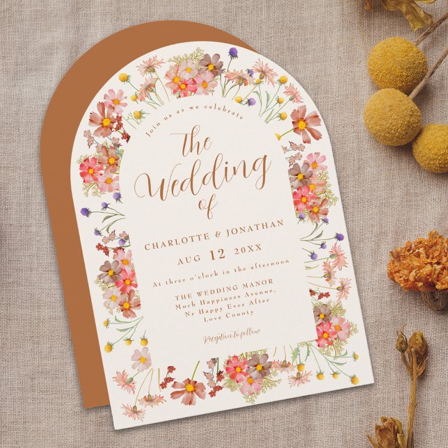 Boho Höst Vildblomma Båge Bränd Orange Bröllop Inbjudningar (Boho fall Wildflower arch burnt orange Wedding invitation watercolor rustic dried flowers)