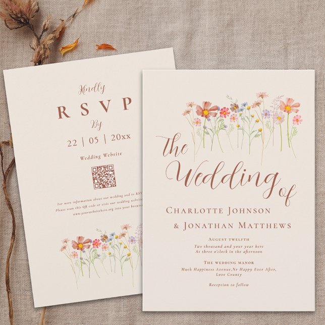 Boho Höst Vildblomma Beige Terrakotta QR-kod Inbjudningar (Boho rustic wildflower floral beige terracotta wedding qr code invitation Watercolor meadow flowers)