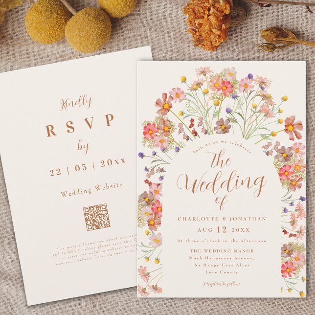 Boho Höst Vildblomma Bröllop Inbjudningar (Boho fall Wildflower floral arch elegant script Wedding invitation terracotta burnt orange beige )