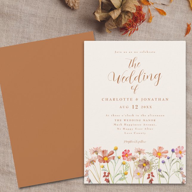 Boho Höst Vildblomma Bröllop Inbjudningar (Boho Wildflower meadow burnt orange terracotta fall Wedding invitation with elegant modern script )