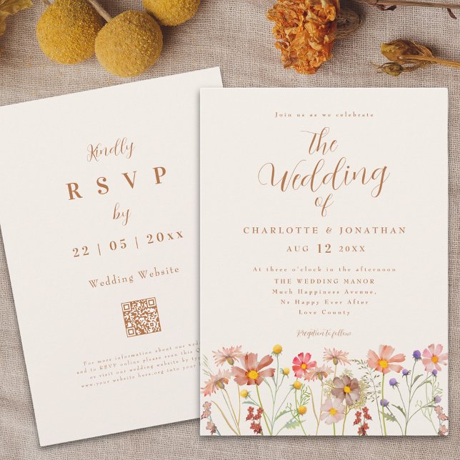 Boho Höst Vildblomma Bröllop Inbjudningar (Boho fall wildflower meadow burnt Orange terracotta wedding elegant script )