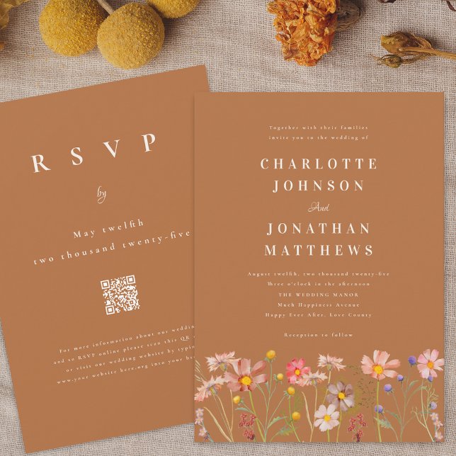 Boho Höst Vildblomma Bröllop Inbjudningar (Boho fall Wildflower terracotta Wedding invitation with RSVP online website qr code)