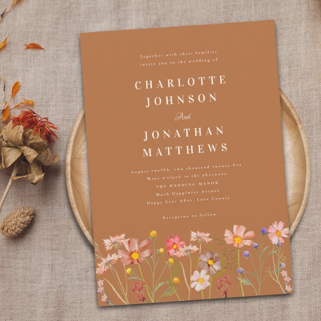 Boho Höst Vildblomma Bröllop Inbjudningar (Boho fall Wildflower terracotta Wedding invitation rustic country garden elegant typography)